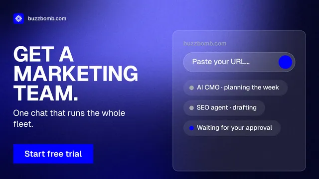 Landscape graphic for BuzzBomb: "Get a marketing team." Swiss style, bottom layout, dark palette in blue.