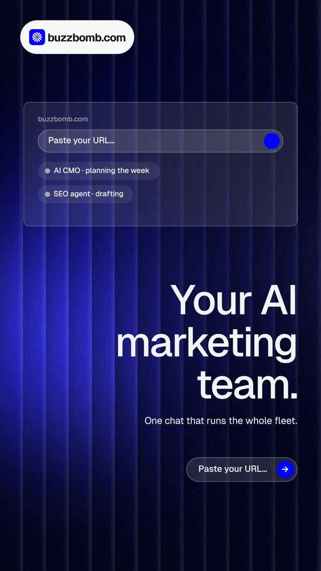 Instagram story for BuzzBomb: "Your AI marketing team." Agentic glass style, right layout, dark palette in black, blue, grey.