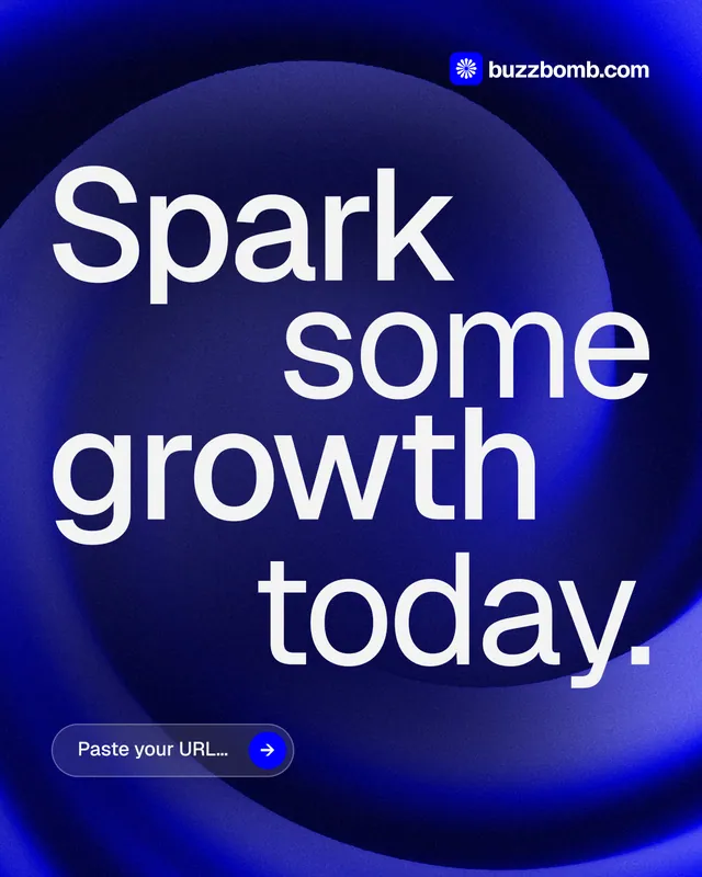 Instagram portrait post for BuzzBomb: "Spark some growth today." Agentic glass style, stacked layout, dark palette in blue.