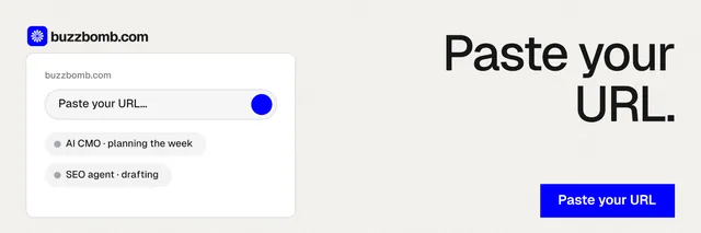 X header for BuzzBomb: "Paste your URL." Swiss style, right layout, light palette in white, blue.