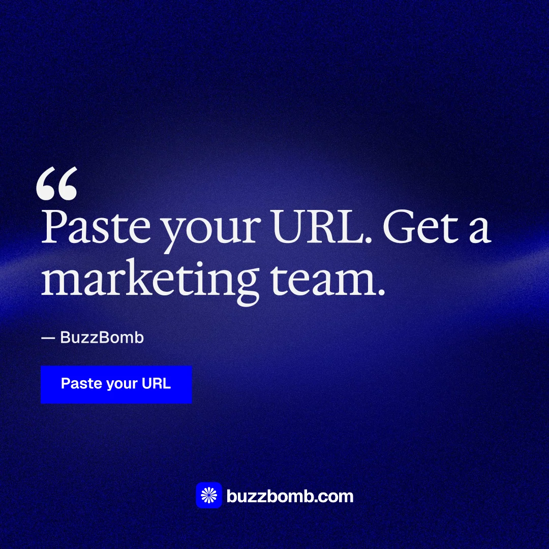 Instagram post for BuzzBomb: "Get a marketing team." Swiss style, quote layout, dark palette in blue.