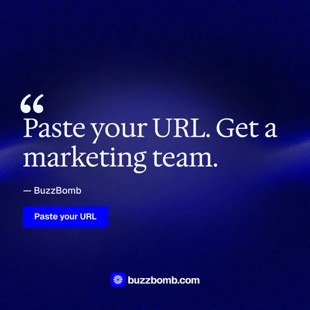 Instagram post for BuzzBomb: "Get a marketing team." Swiss style, quote layout, dark palette in blue.