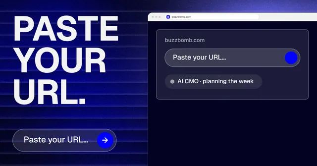 Social ad for BuzzBomb: "Paste your URL." Agentic glass style, browser layout, dark palette in black, blue.