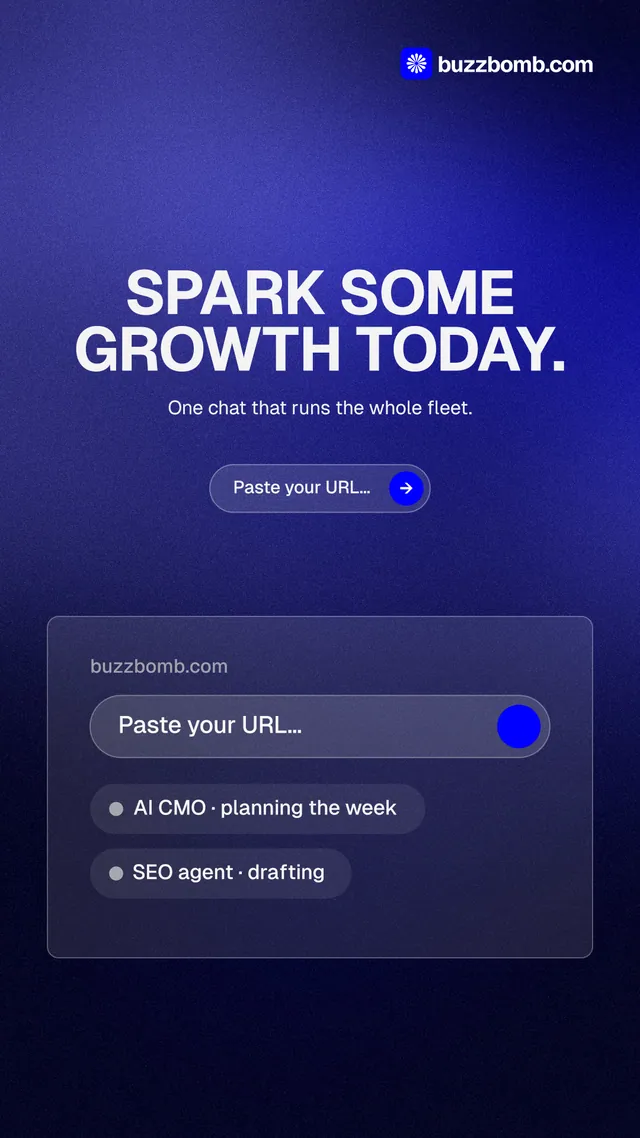 Instagram story for BuzzBomb: "Spark some growth today." Agentic glass style, centred layout, dark palette in black, blue.
