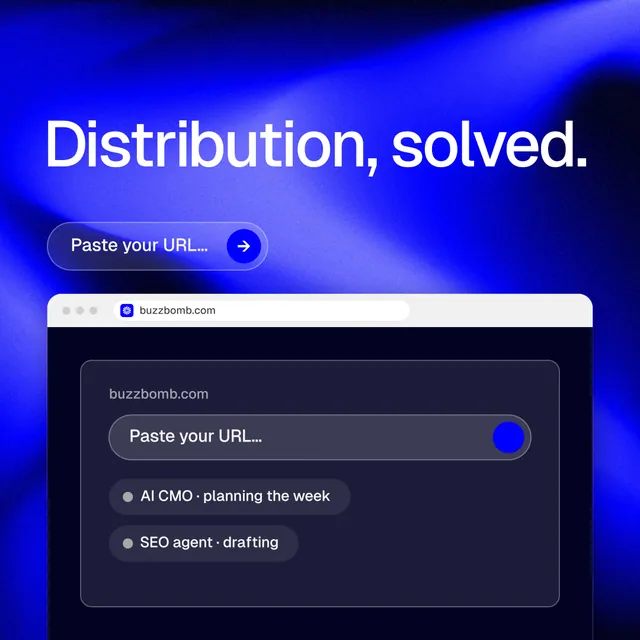 Instagram post for BuzzBomb: "Distribution, solved." Agentic glass style, browser layout, dark palette in black, blue.
