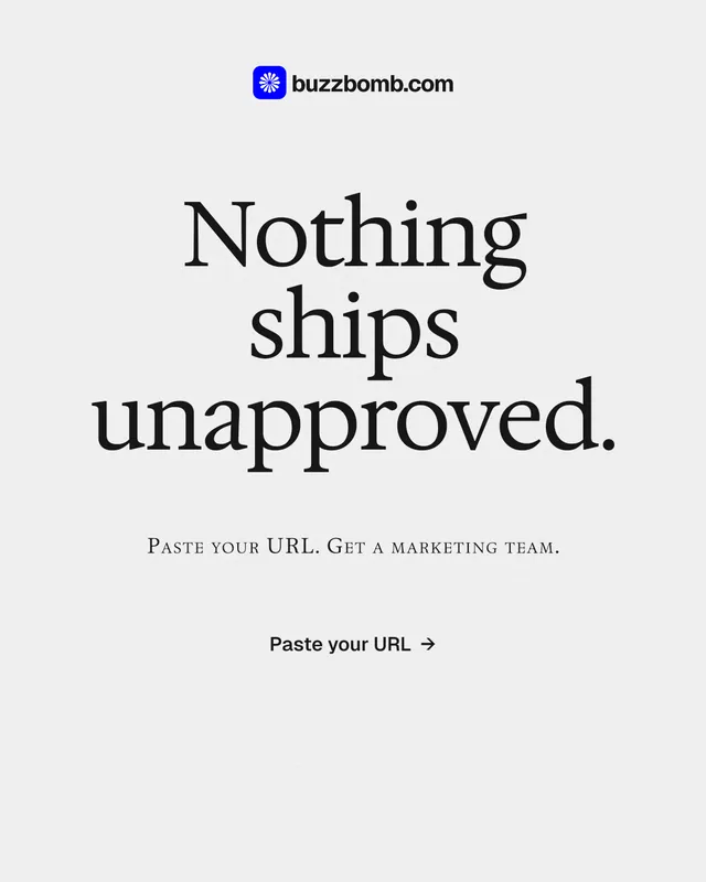 Instagram portrait post for BuzzBomb: "Nothing ships unapproved." Editorial style, smallcaps layout, light palette in white, grey.