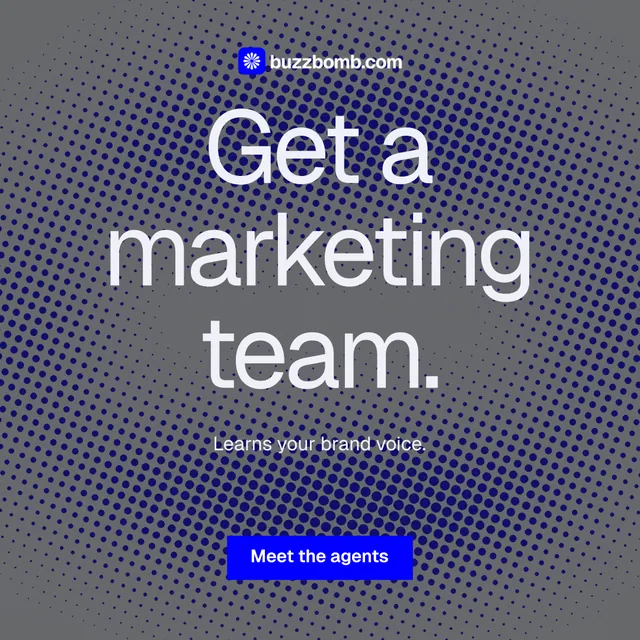 Instagram post for BuzzBomb: "Get a marketing team." Swiss style, centred layout, dark palette in grey, blue.