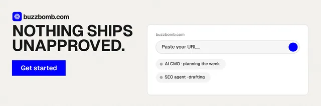 X header for BuzzBomb: "Nothing ships unapproved." Swiss style, skeleton layout, light palette in white, blue.