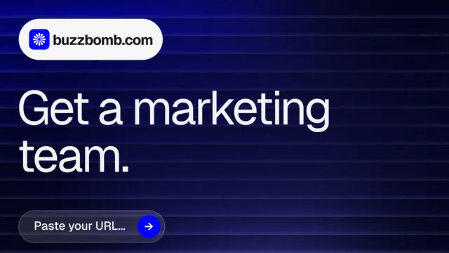 Landscape graphic for BuzzBomb: "Get a marketing team." Agentic glass style, announce layout, dark palette in blue, black, grey.