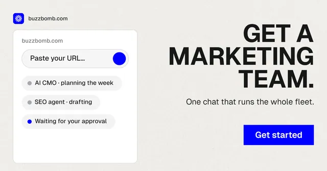 Social ad for BuzzBomb: "Get a marketing team." Swiss style, right layout, light palette in white, grey.