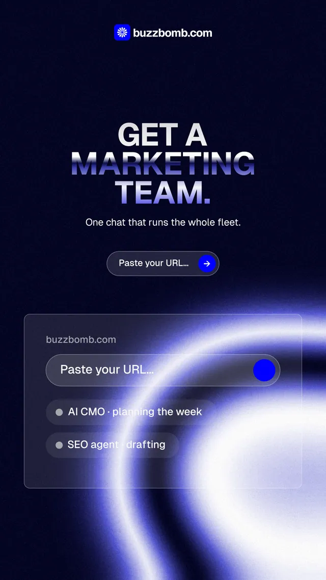 Instagram story for BuzzBomb: "Get a marketing team." Agentic glass style, centred layout, dark palette in black, blue.