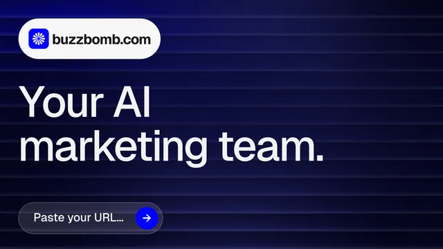 Landscape graphic for BuzzBomb: "Your AI marketing team." Agentic glass style, announce layout, dark palette in black, blue, grey.
