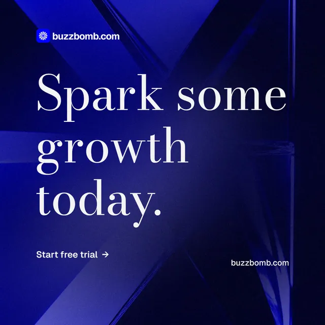 Instagram post for BuzzBomb: "Spark some growth today." Minimal luxury style, poster layout, dark palette in black, blue.
