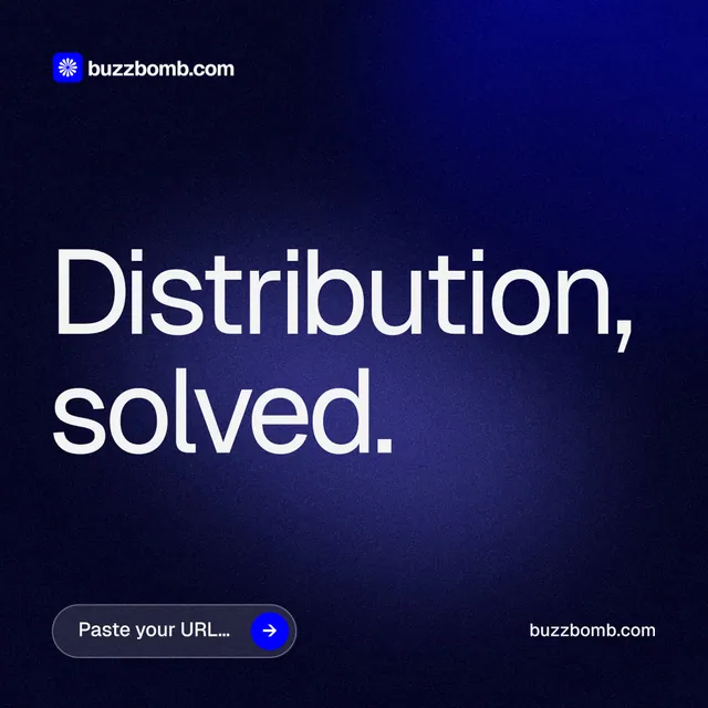 Instagram post for BuzzBomb: "Distribution, solved." Agentic glass style, poster layout, dark palette in black, blue.