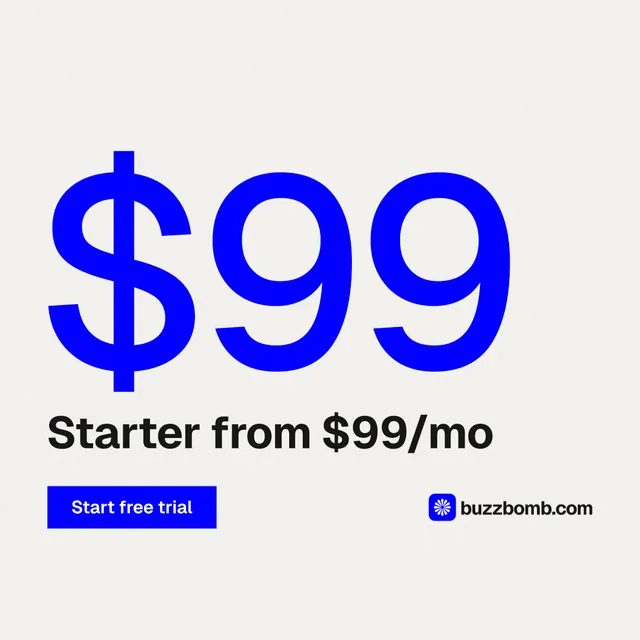 Instagram post for BuzzBomb: "One launch. A week of posts." Swiss style, stat layout, light palette in white, blue.