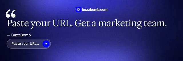 X header for BuzzBomb: "Distribution, solved." Agentic glass style, quote layout, dark palette in blue.