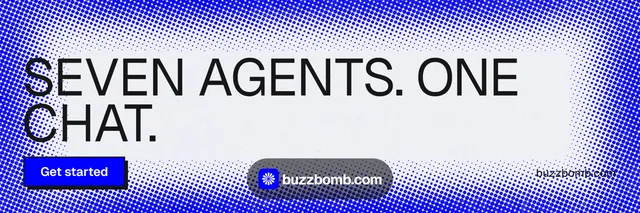 X header for BuzzBomb: "Seven agents. One chat." Brutalist style, poster layout, light palette in blue, white.