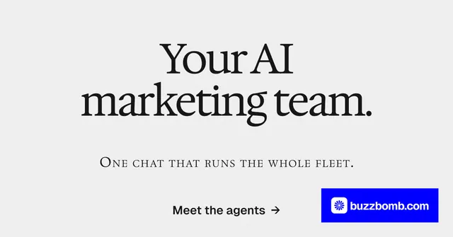 Social ad for BuzzBomb: "Your AI marketing team." Swiss style, smallcaps layout, light palette in white, blue.