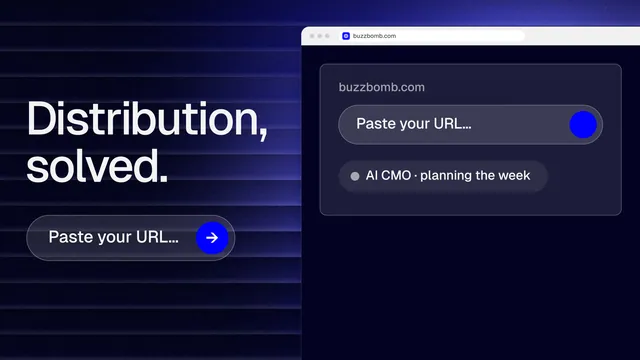 Landscape graphic for BuzzBomb: "Distribution, solved." Agentic glass style, browser layout, dark palette in blue, black, grey.