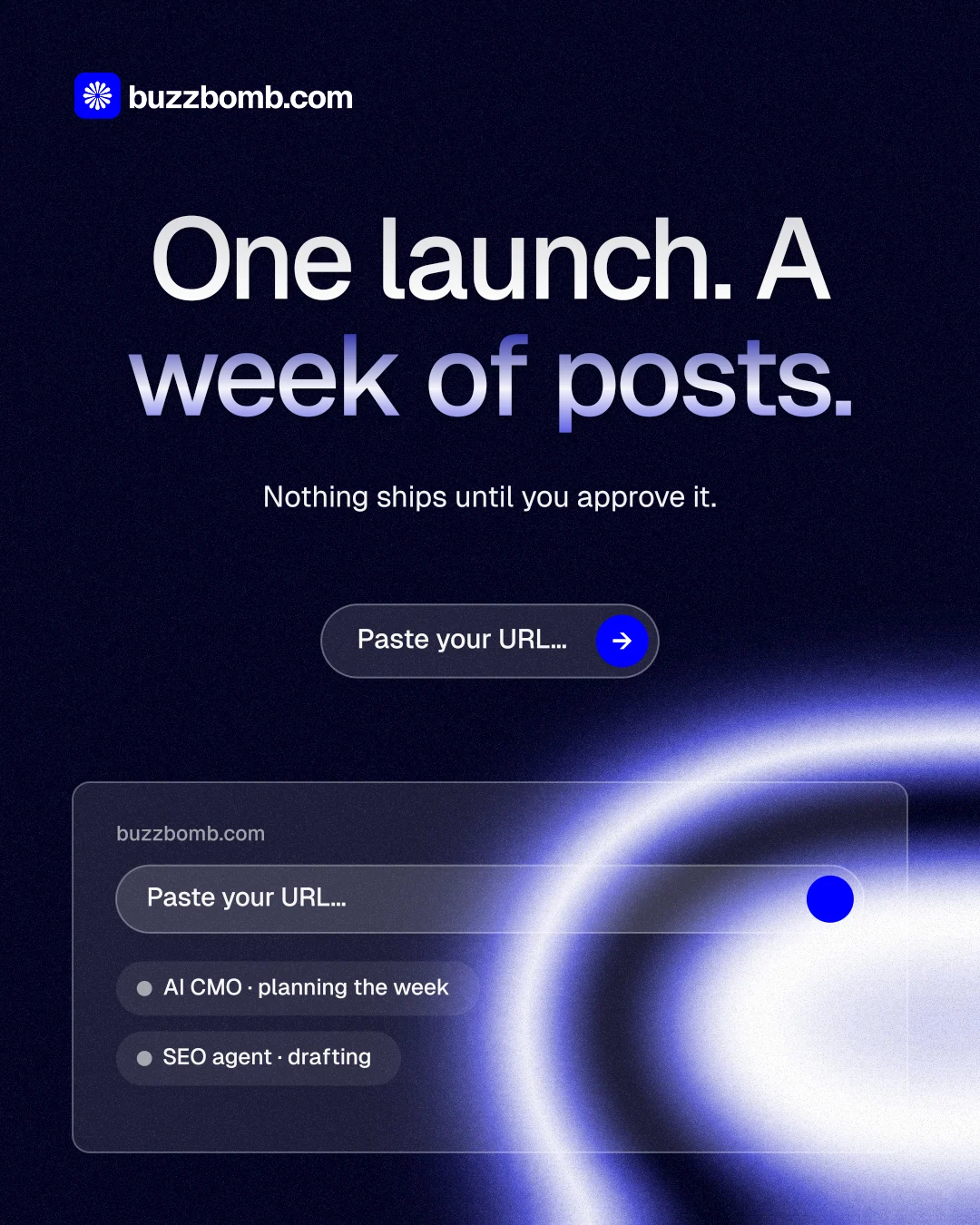 Instagram portrait post for BuzzBomb: "One launch. A week of posts." Agentic glass style, centred layout, dark palette in black, blue.