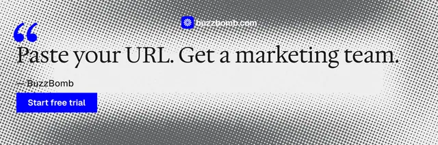 X header for BuzzBomb: "Get a marketing team." Swiss style, quote layout, light palette in grey, white.