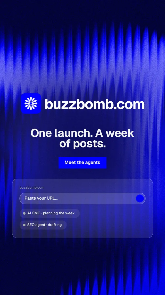 Instagram story for BuzzBomb: "One launch. A week of posts." Swiss style, logo hero layout, dark palette in blue.