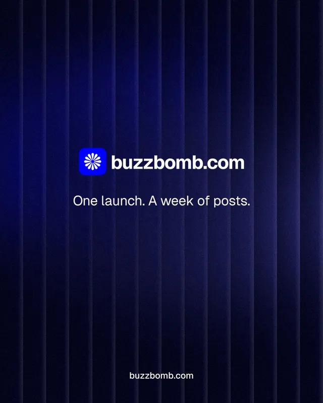 Instagram portrait post for BuzzBomb: "One launch. A week of posts." Agentic glass style, end card layout, dark palette in black, blue.