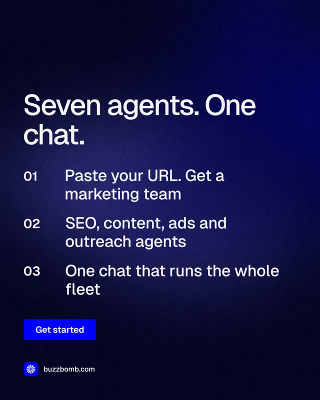 Instagram portrait post for BuzzBomb: "Seven agents. One chat." Swiss style, numbered layout, dark palette in black, blue.