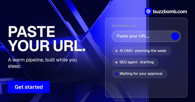 Social ad for BuzzBomb: "Paste your URL." Swiss style, bottom layout, dark palette in black, blue.