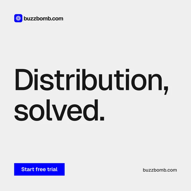 Instagram post for BuzzBomb: "Distribution, solved." Swiss style, poster layout, light palette in white, grey.