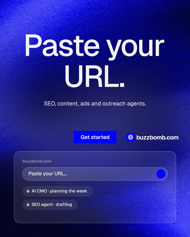 Instagram portrait post for BuzzBomb: "Paste your URL." Swiss style, centred layout, dark palette in blue.