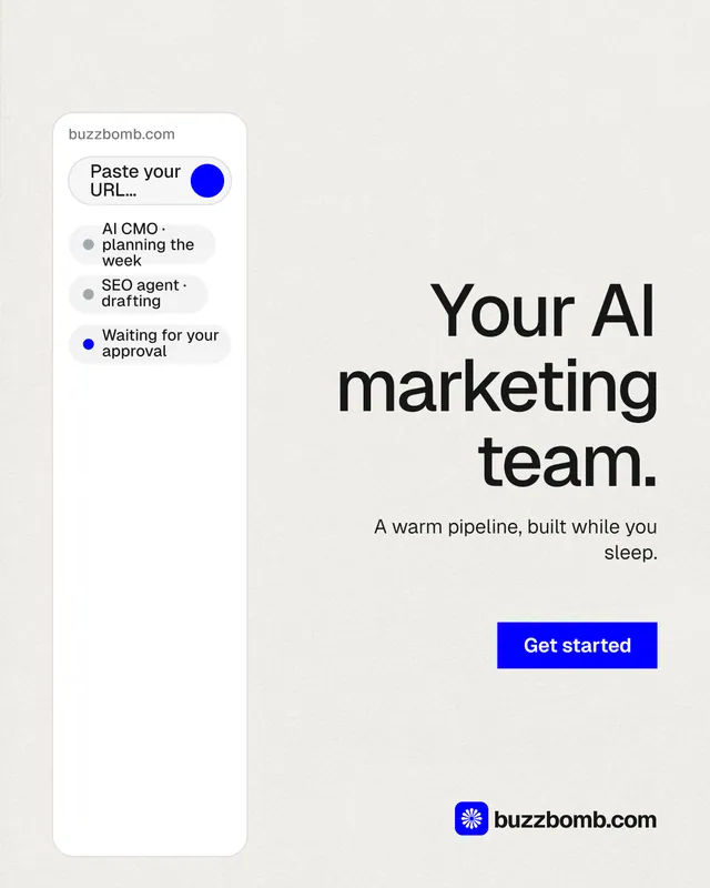 Instagram portrait post for BuzzBomb: "Your AI marketing team." Swiss style, right layout, light palette in white, grey.
