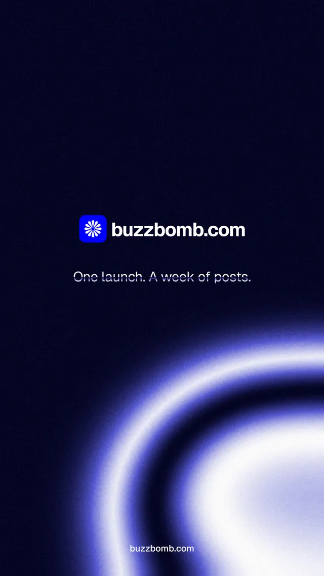 Instagram story for BuzzBomb: "One launch. A week of posts." Agentic glass style, end card layout, dark palette in black, blue.