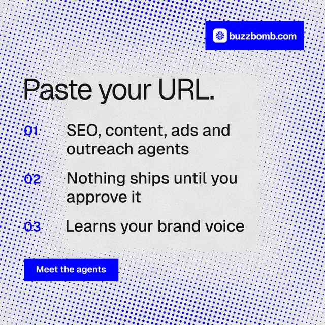 Instagram post for BuzzBomb: "Paste your URL." Swiss style, numbered layout, light palette in blue, white.