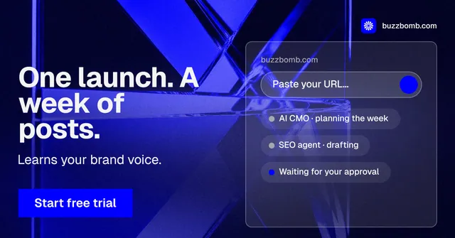 Social ad for BuzzBomb: "One launch. A week of posts." Swiss style, bottom layout, dark palette in black, blue.