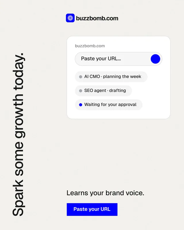 Instagram portrait post for BuzzBomb: "Spark some growth today." Swiss style, vertical layout, light palette in white.