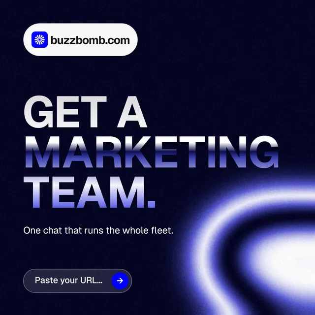 Instagram post for BuzzBomb: "Get a marketing team." Agentic glass style, announce layout, dark palette in black, blue.
