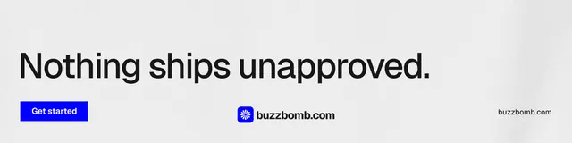 LinkedIn banner for BuzzBomb: "Nothing ships unapproved." Swiss style, poster layout, light palette in white, grey.
