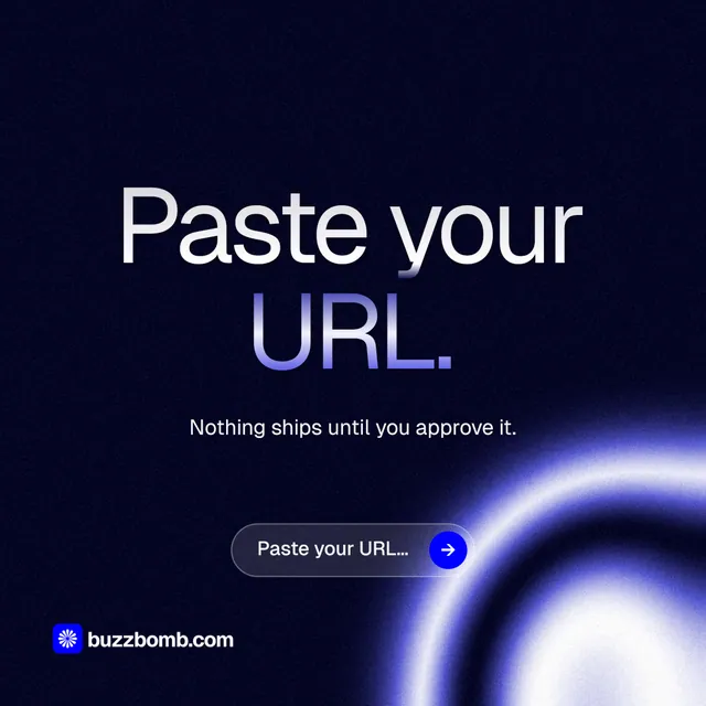 Instagram post for BuzzBomb: "Paste your URL." Agentic glass style, centred layout, dark palette in black, blue.