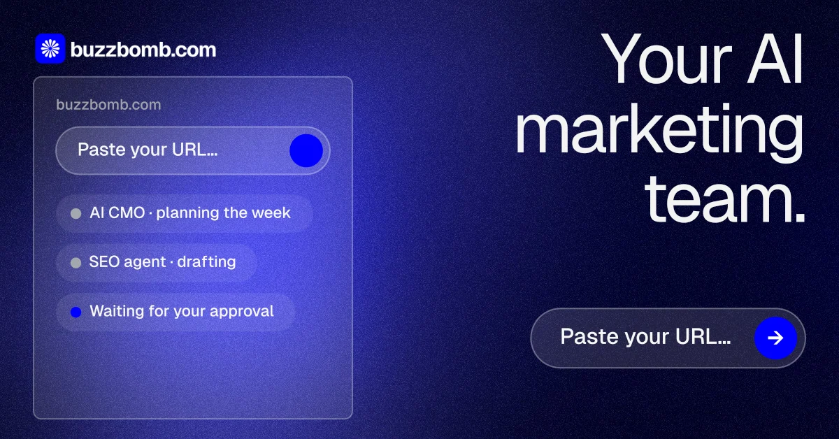 Social ad for BuzzBomb: "Your AI marketing team." Agentic glass style, right layout, dark palette in black, blue.