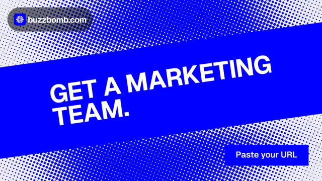 Landscape graphic for BuzzBomb: "Get a marketing team." Swiss style, diagonal layout, dark palette in blue.