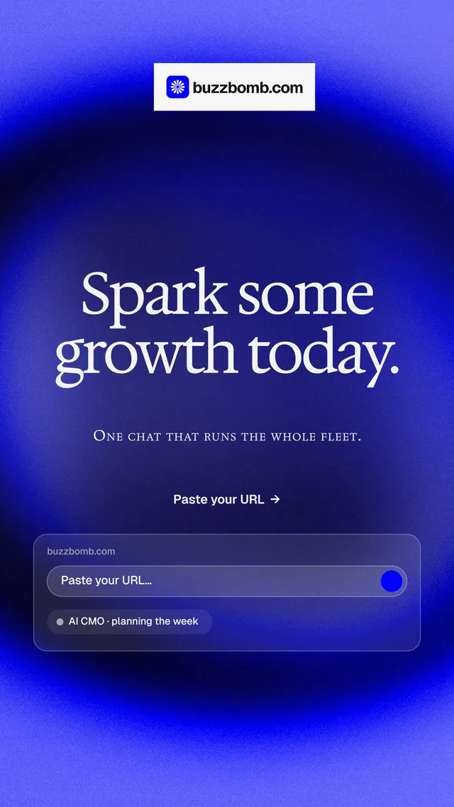 Instagram story for BuzzBomb: "Spark some growth today." Swiss style, smallcaps layout, dark palette in blue.