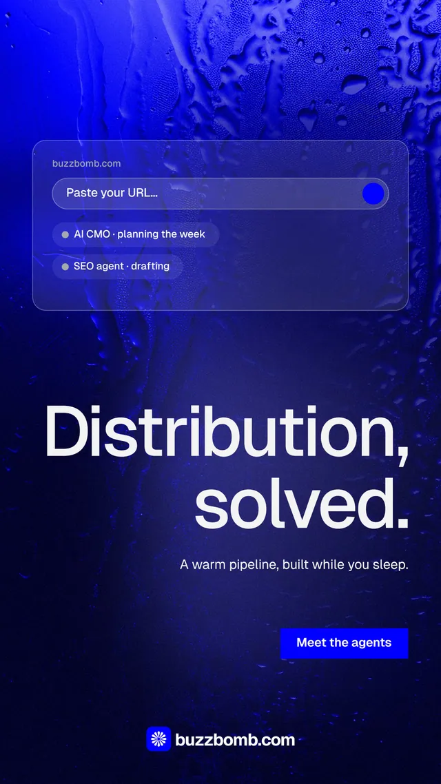 Instagram story for BuzzBomb: "Distribution, solved." Swiss style, right layout, dark palette in black, blue.