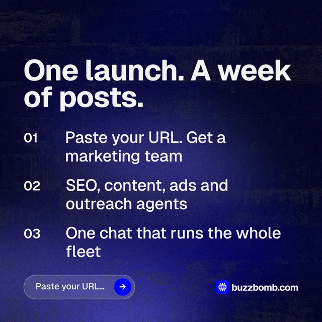Instagram post for BuzzBomb: "One launch. A week of posts." Agentic glass style, numbered layout, dark palette in black, blue, grey.