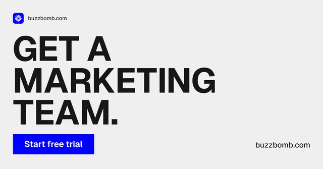 Social ad for BuzzBomb: "Get a marketing team." Swiss style, poster layout, light palette in white, grey.
