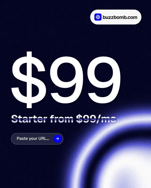 Instagram portrait post for BuzzBomb: "Paste your URL." Agentic glass style, stat layout, dark palette in black, blue.