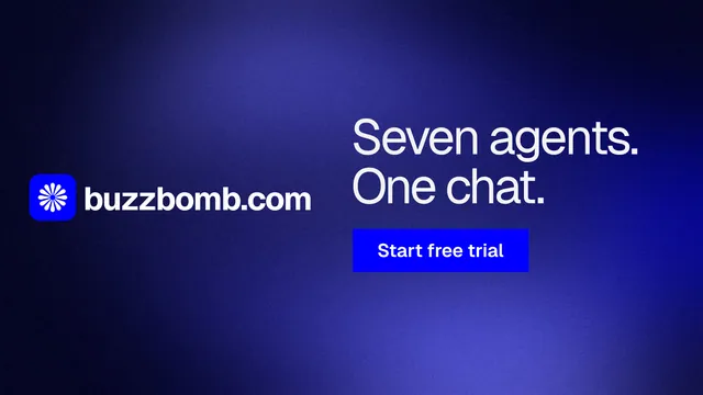 Landscape graphic for BuzzBomb: "Seven agents. One chat." Swiss style, logo hero layout, dark palette in black, blue.