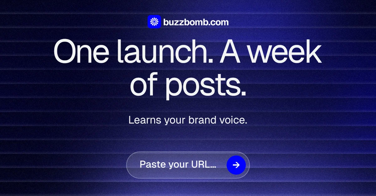 Social ad for BuzzBomb: "One launch. A week of posts." Agentic glass style, centred layout, dark palette in black, blue, grey.