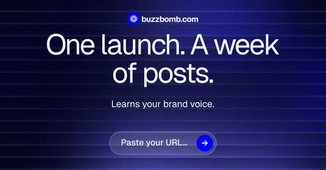 Social ad for BuzzBomb: "One launch. A week of posts." Agentic glass style, centred layout, dark palette in black, blue, grey.