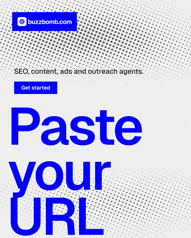 Instagram portrait post for BuzzBomb: "Paste your URL." Swiss style, oversized layout, light palette in white, blue.